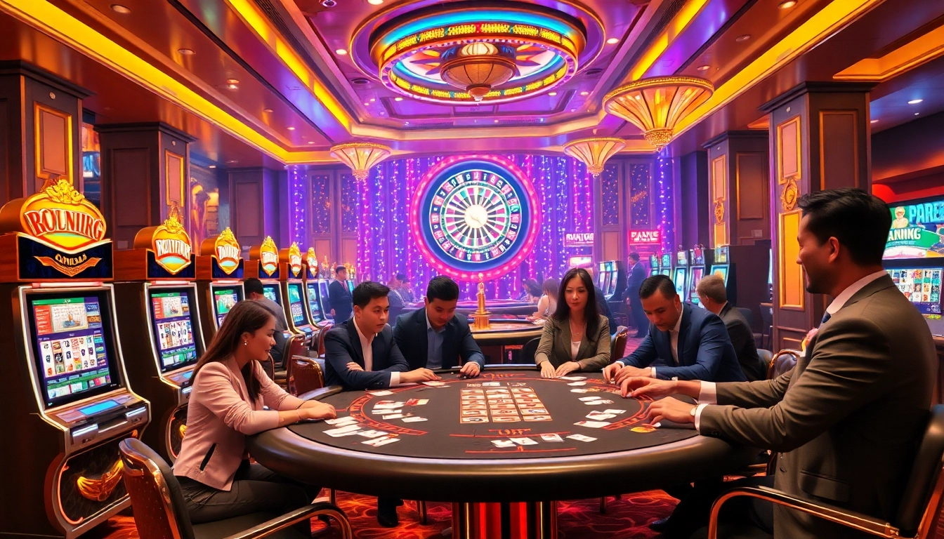Experience thrilling moments at nhà cái lu88 with players at a vibrant casino table surrounded by engaging games.