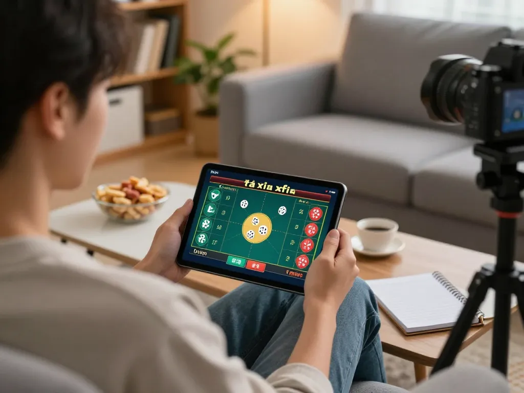 Engaging in online tài xỉu online gaming with a tablet in a cozy home setting.