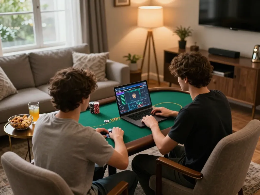 Engaging in online poker gameplay on nk88.com from a cozy home setup with snacks and drinks.