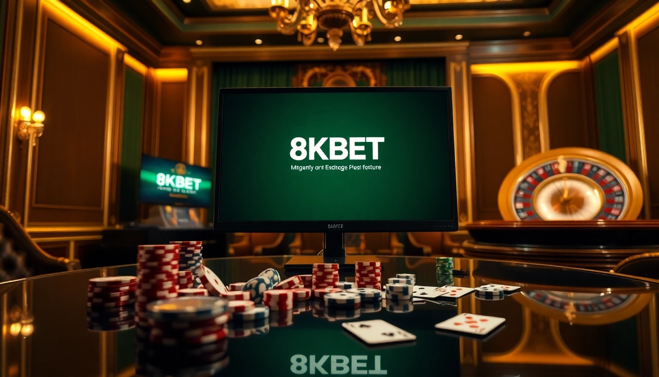 Experience the excitement of winning at 8KBET with rich casino visuals of poker chips and roulette.