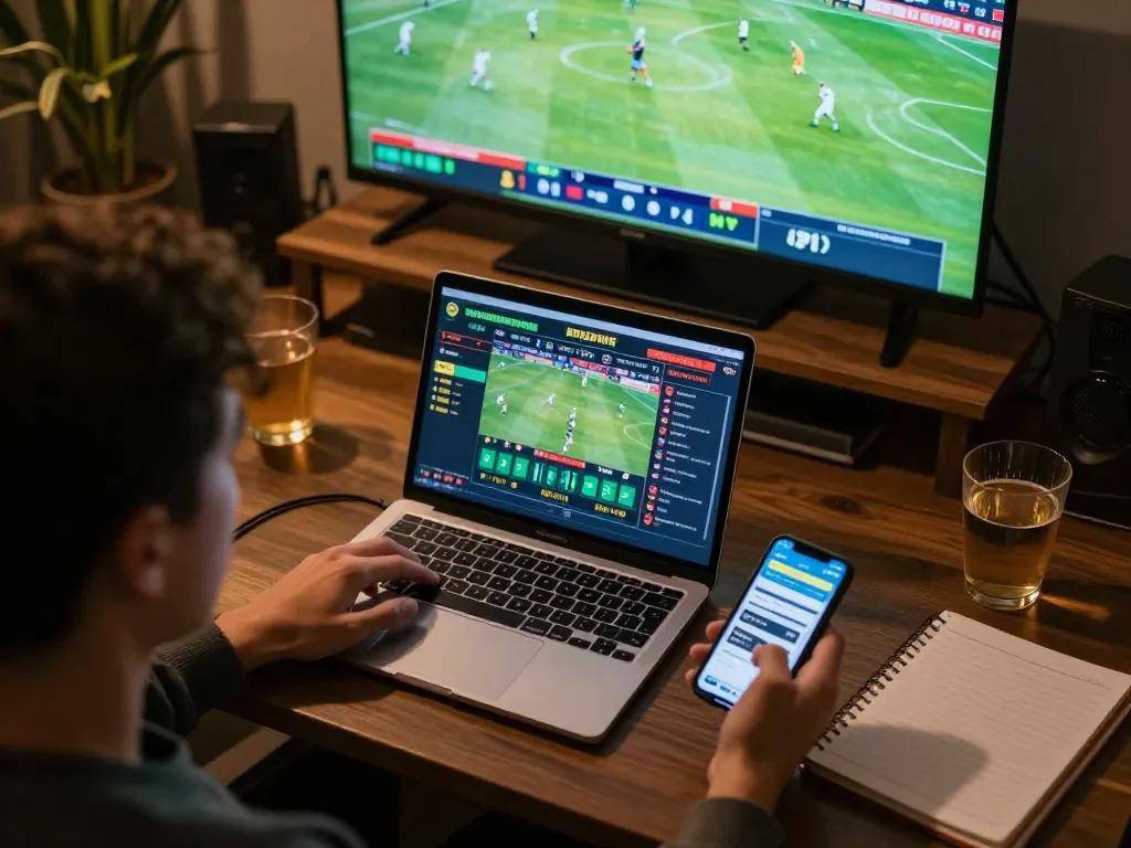 Engaged user placing strategic bets with nhà cái C168 on a laptop and smartphone in a cozy setting