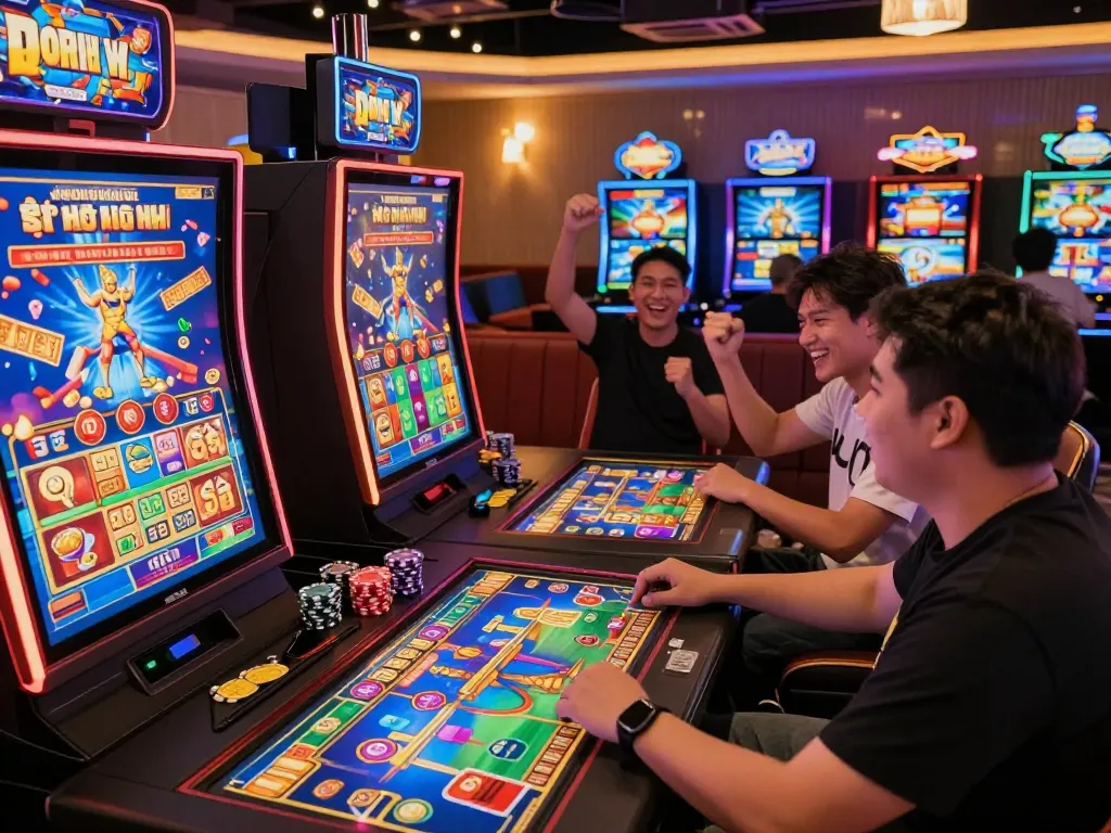 Exciting game nổ hũ in vibrant online casino with players celebrating winnings.