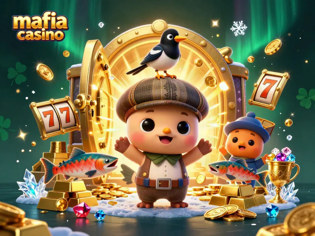 Mafia casino themed illustration featuring charm, wealth, and excitement in a playful casino setting with cartoon characters