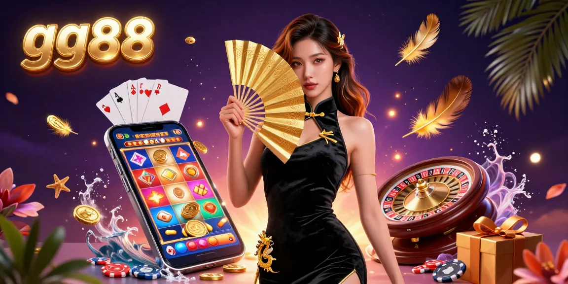 Experience the thrilling games at gg88, where a stunning Asian woman engages with dynamic casino elements in a vibrant setting.