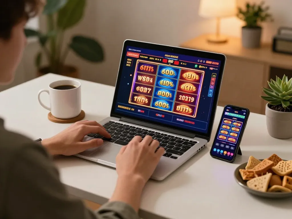 Engaging personal online gaming setup showcasing đăng ký net88 interest with vibrant slot interface lighting.