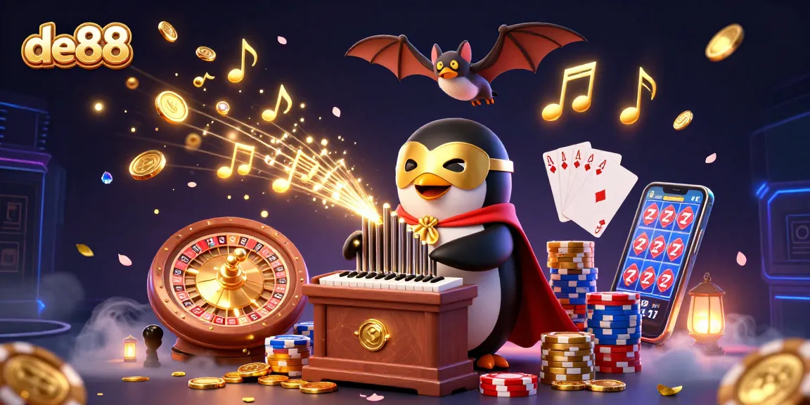 Experience the thrilling world of de88 with a vibrant casino illustration featuring a whimsical penguin and dynamic game elements.