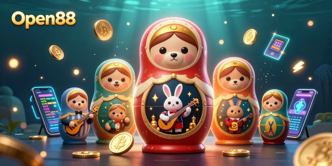 Experience thrilling games at Open88 with vibrant casino-themed 3D artwork showcasing dynamic characters.