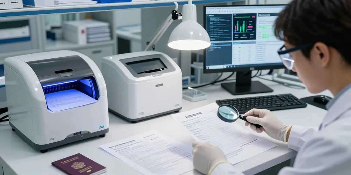 Document fraud detection analysis in a professional lab environment, with a specialist examining suspicious documents and using advanced tools.