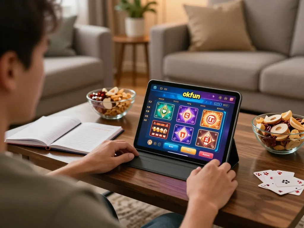 Experience engaging online gaming with okfun on a tablet in a cozy living room atmosphere.