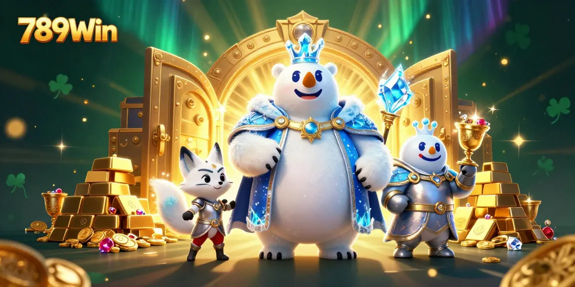 Immerse yourself in 789Win's dazzling 3D illustration, showcasing gold treasures and enchanting characters in a vibrant casino realm.