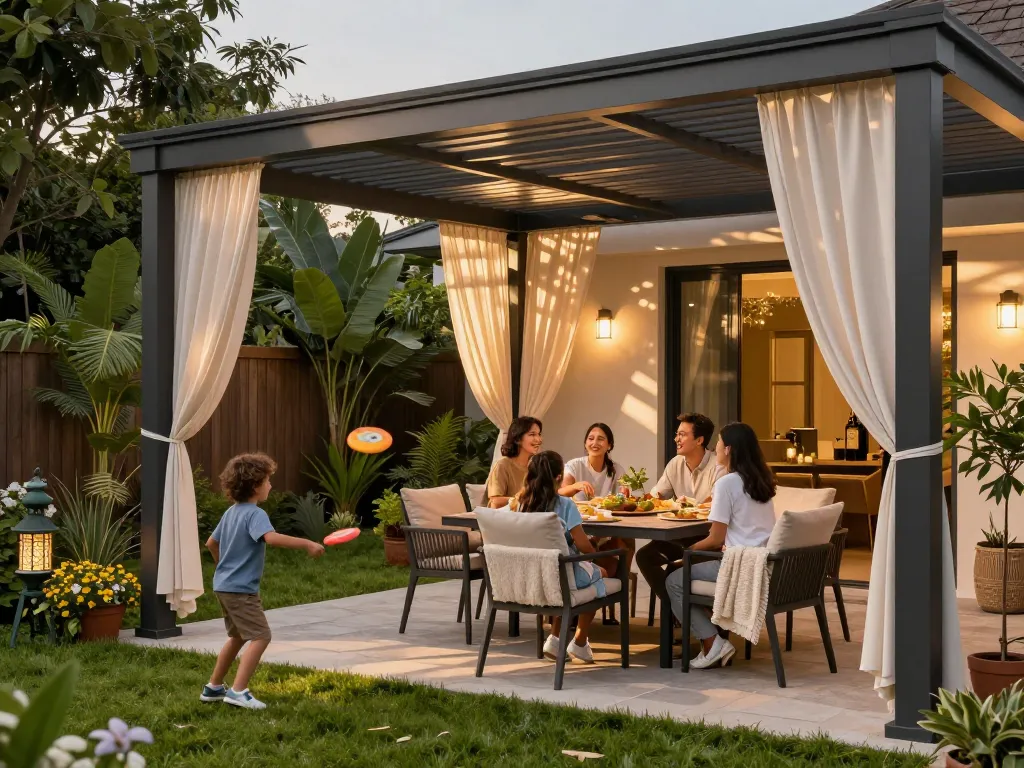 Godendo di un incontro familiare sotto una pergola progettata con configuratore pergole online, decorata elegantemente e illuminata da luce naturale.
