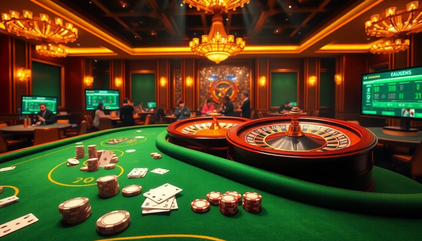Exciting online gambling scene at nhà cái du88 featuring casino tables, roulette, and engaged players.