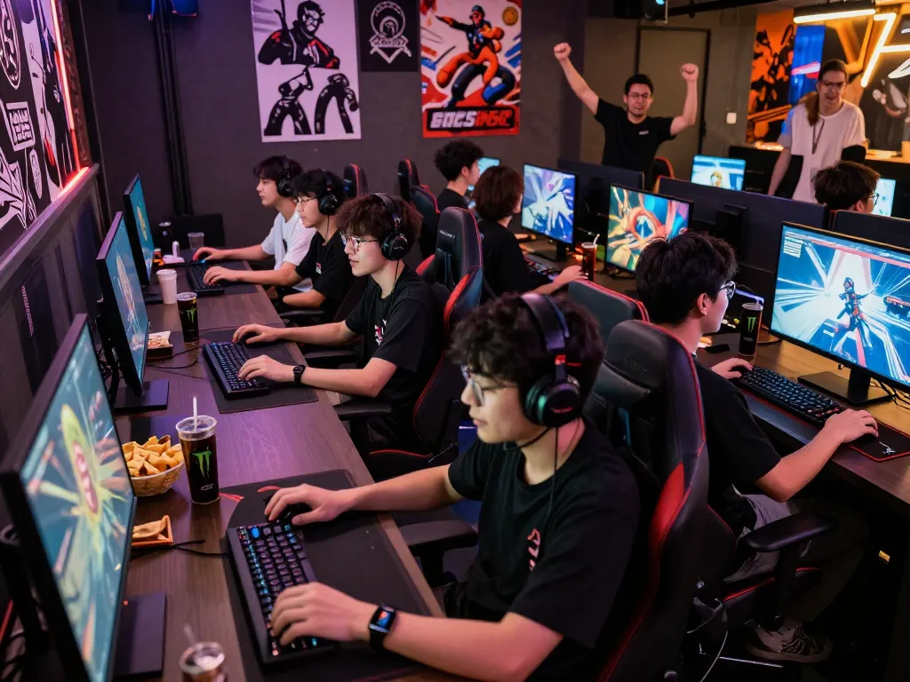 Gamer community at esports lounge engaging in competitive gaming on large screens, showcasing https://bomwin.jp.net/ as a hub for online entertainment.