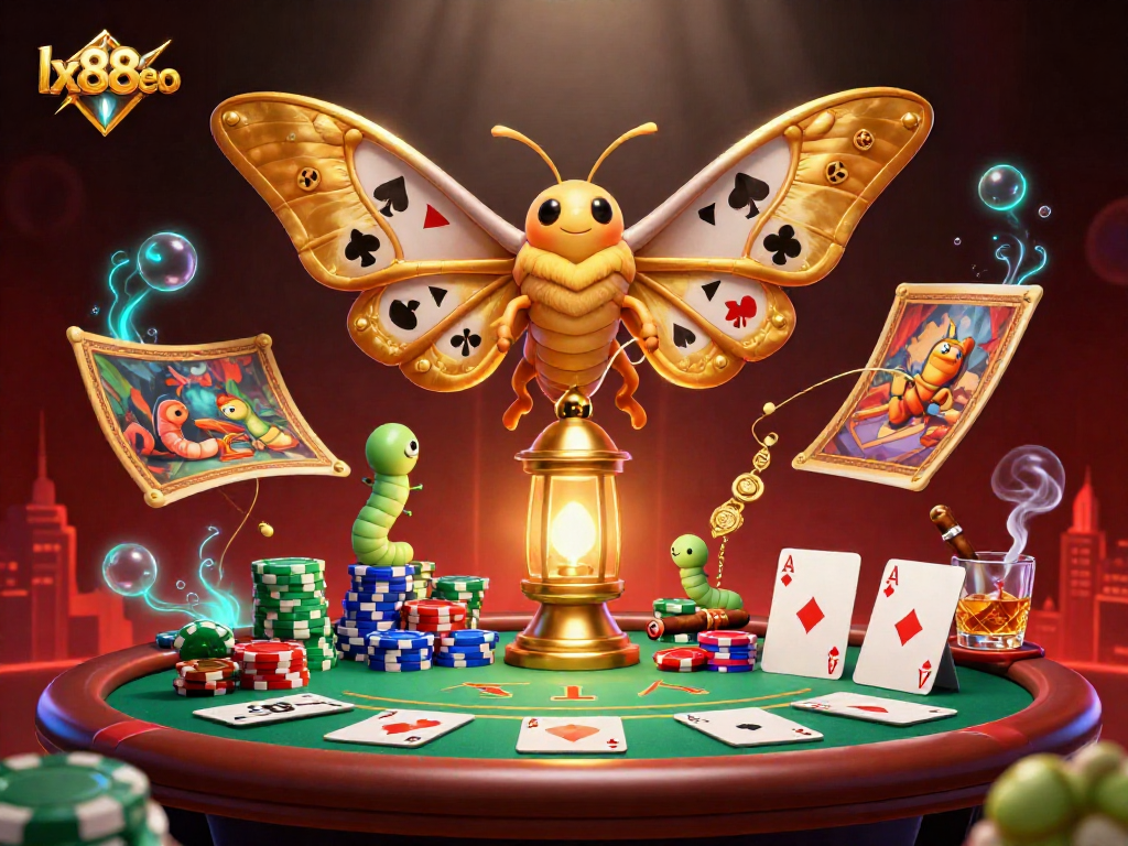 Experience exciting wagering at lx88seo with a stunning 3D illustration of a casino moth and poker elements.