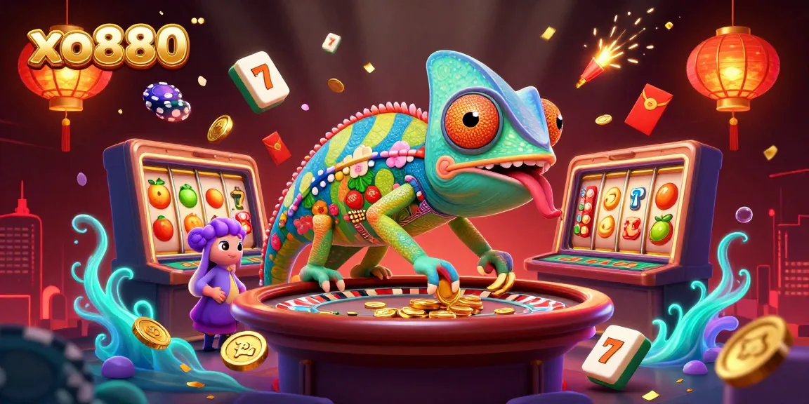 Experience thrilling slots action with xo880 featuring a colorful chameleon casino owner amidst dynamic gaming elements.