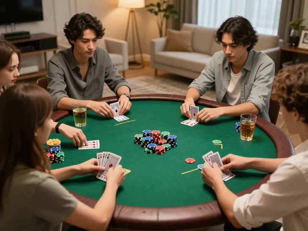 Friends enjoying a thrilling poker game night at home, showcasing a strategic moment with 789winf.