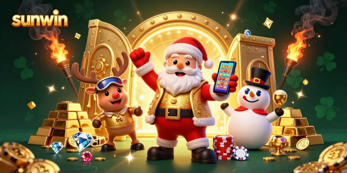 Experience winning excitement at Sunwin with a lively casino scene featuring Santa and friends.