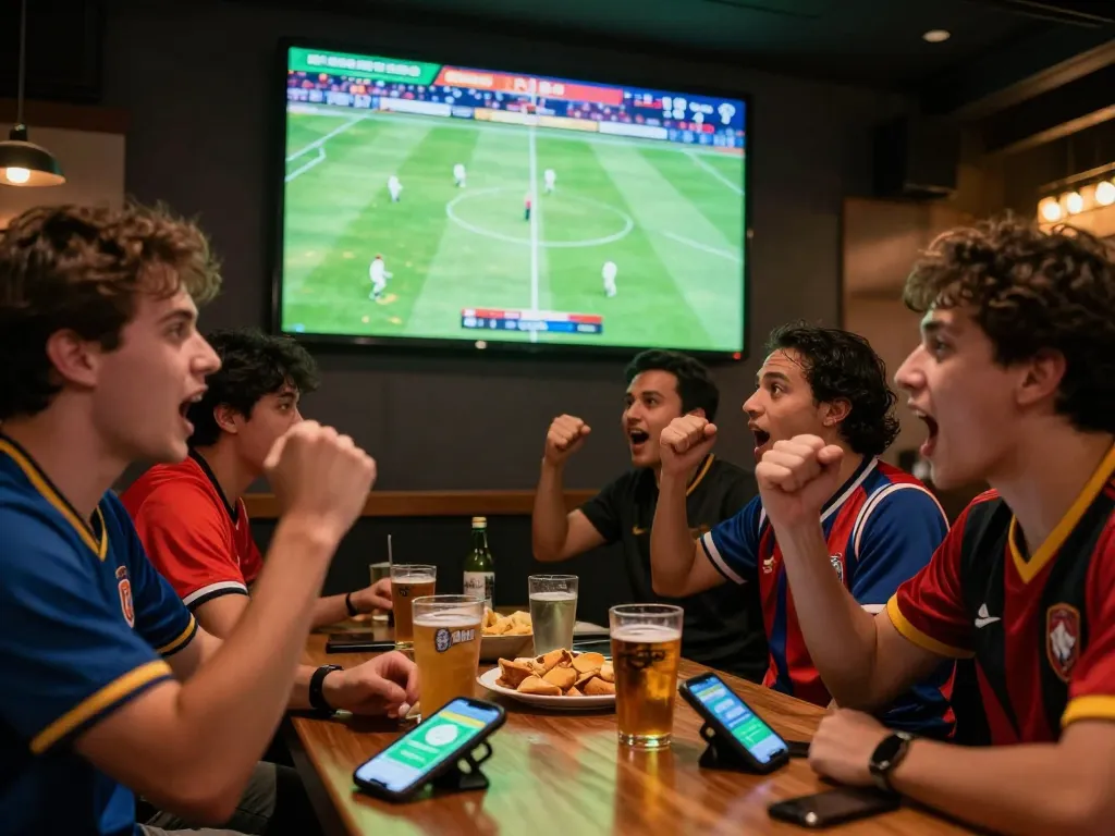 Friends discussing kèo nhà cái hôm nay while enjoying a live football match at a sports bar.