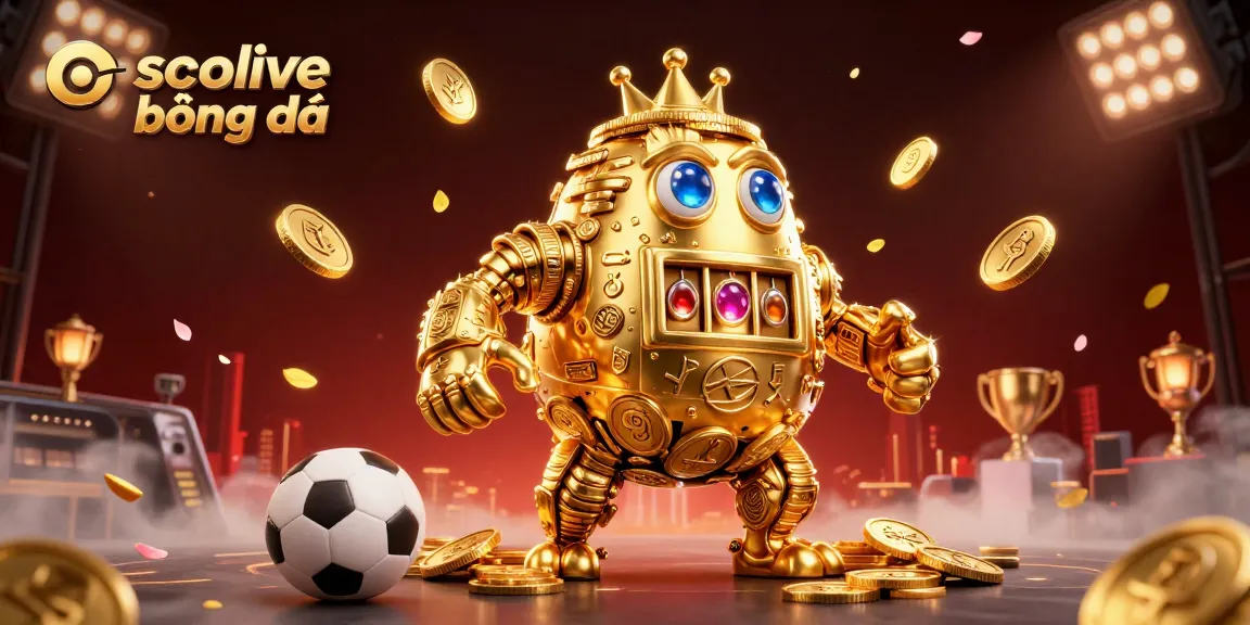 Socolive bóng đá features a dynamic 3D illustration showcasing vibrant sports betting elements and a captivating golden golem.