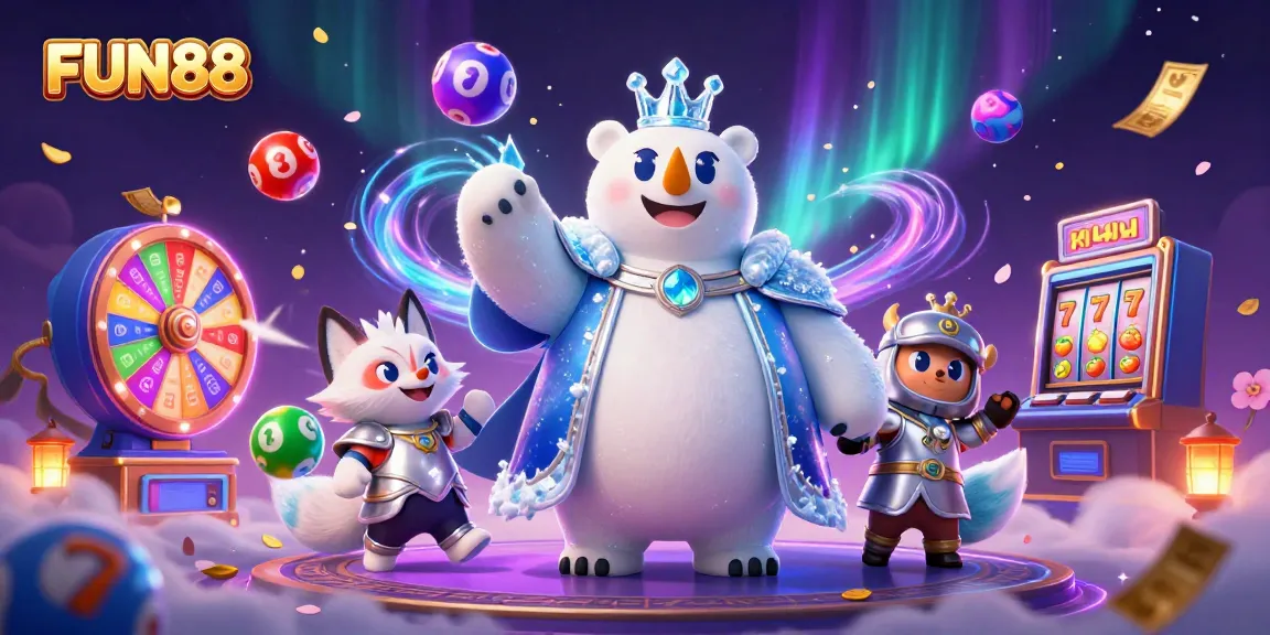 Experience FUN88's vibrant online gaming world with colorful lottery balls and dynamic casino elements.