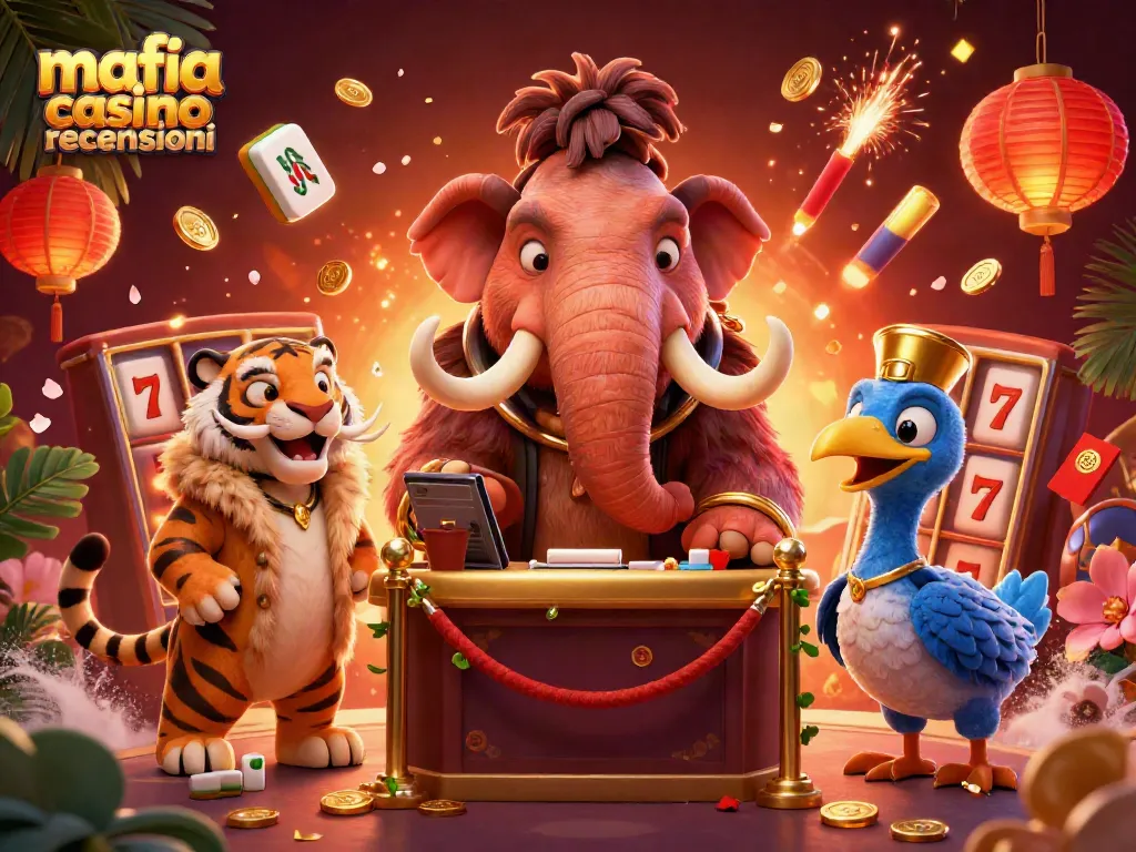 Mafia casino recensioni scene with cartoon mammoth bouncer, VIP tiger, and dodo doorman in a vibrant casino setting.