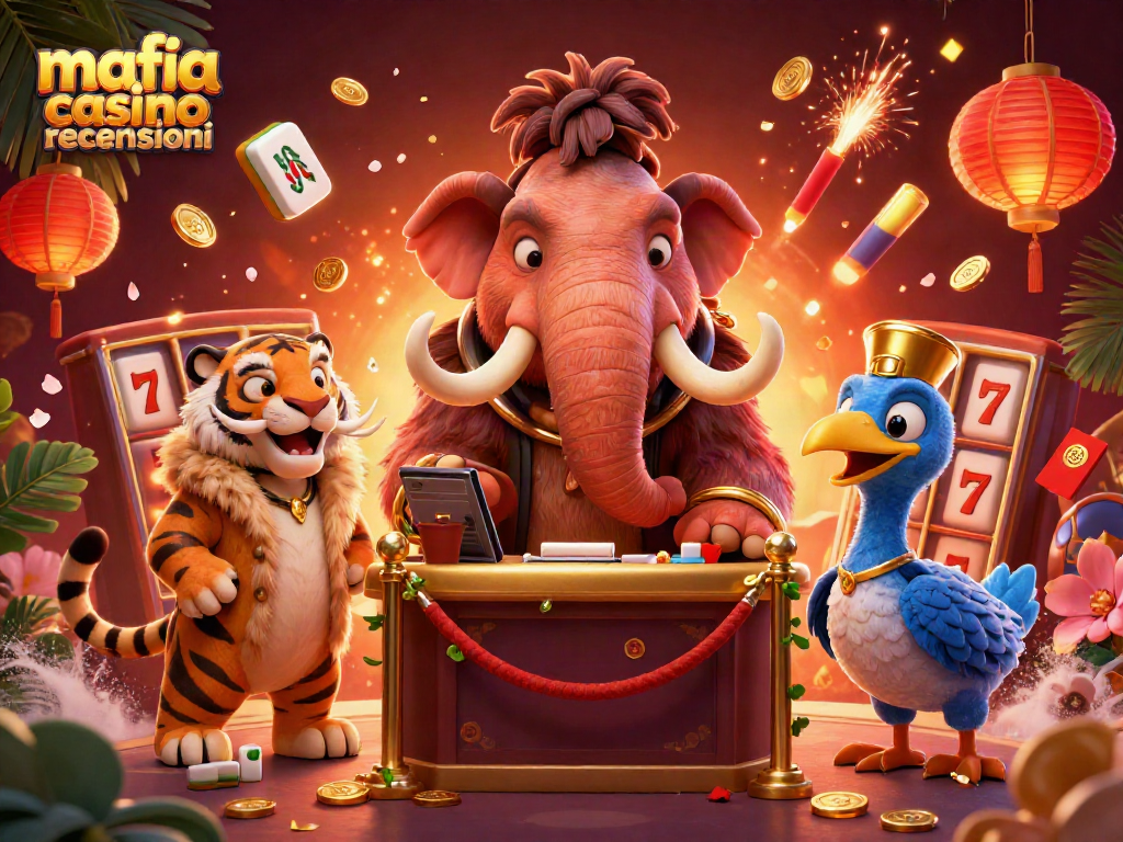 Mafia casino recensioni scene with cartoon mammoth bouncer, VIP tiger, and dodo doorman in a vibrant casino setting.