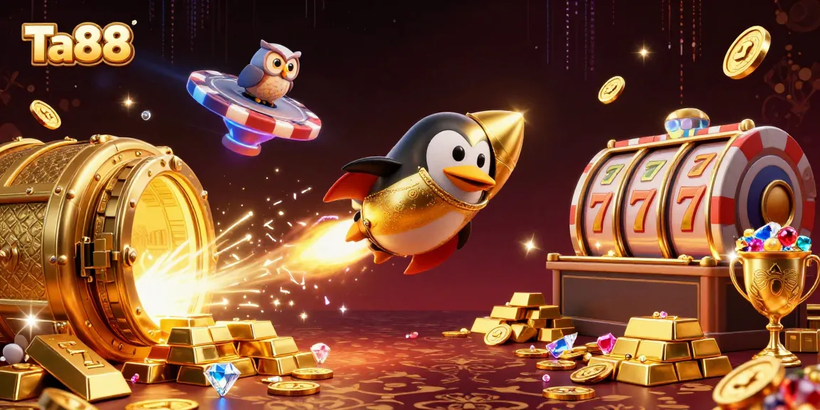 Experience the excitement of Ta88 slots with a golden penguin, treasure vaults, and vibrant casino elements.