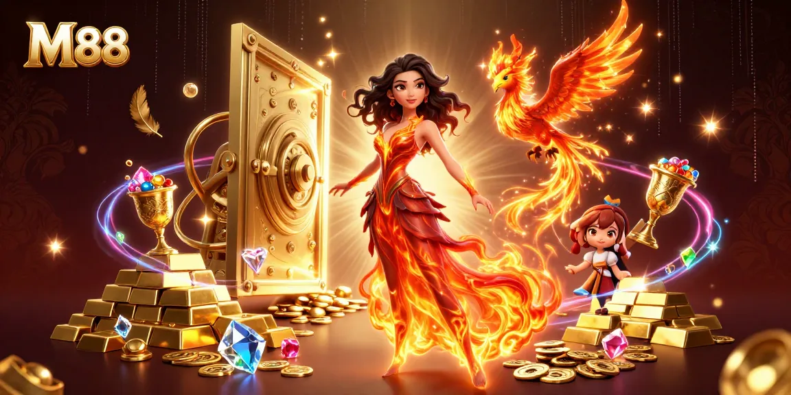 M88 casino scene showcasing an enchanting Asian woman with a fiery gown, winning gems, and explosive energy.