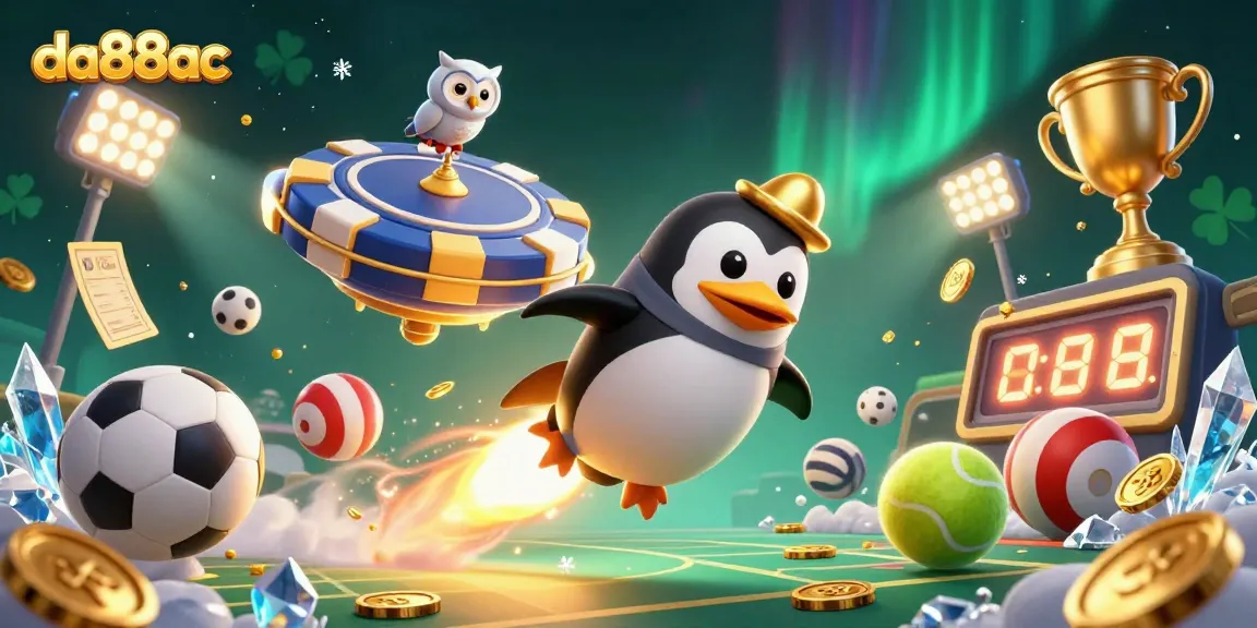 Spin to win with da88ac: A vibrant casino adventure featuring a golden penguin and sports elements.