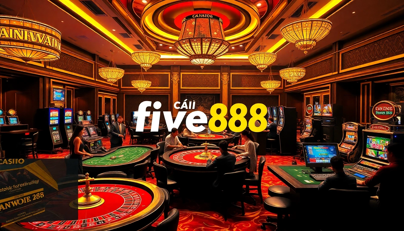 nhà cái five88 offers a luxurious casino experience with engaging players at poker and roulette tables.