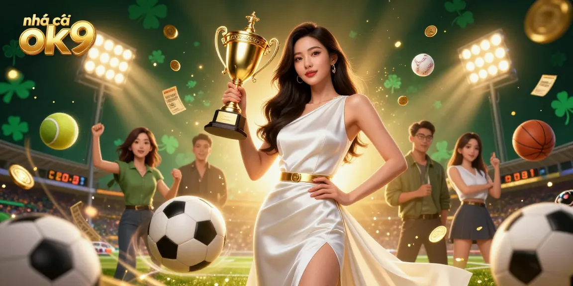 Experience the excitement at nhà cái ok9 with a triumphant Asian woman and dynamic sports betting elements.
