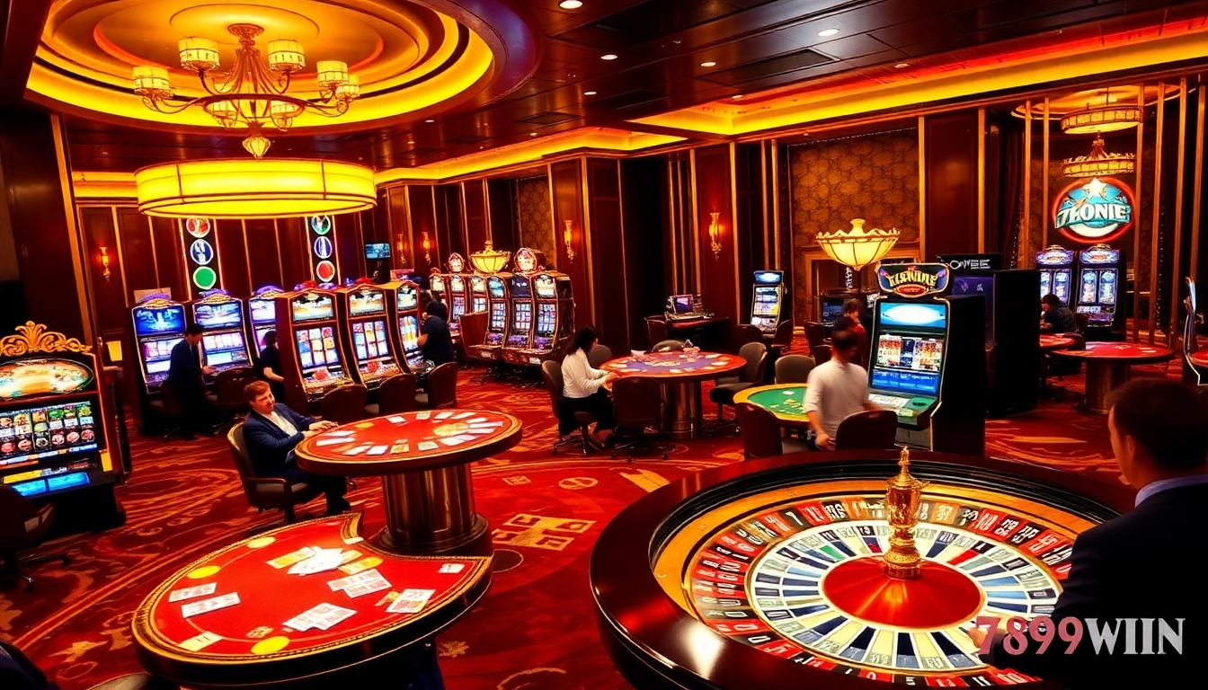 Excited players enjoying a vibrant casino atmosphere at 789win, with colorful slot machines and gaming tables.