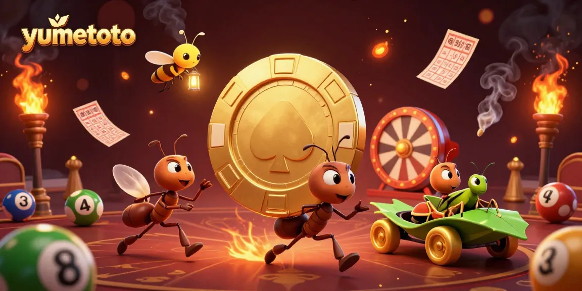Experience the thrill of yumetoto lottery with a heist-themed illustration featuring ants and whimsical characters.