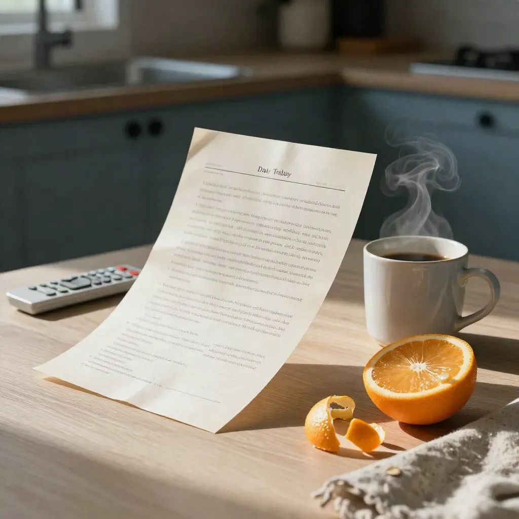 Tavolo da colazione con carta piegata, caffè fumante, agrumi e telecomando in luce del mattino.