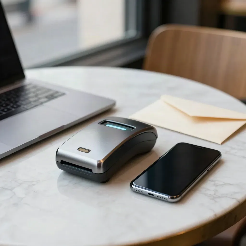 Reader di carte, smartphone luminoso e laptop chiuso su tavolo di marmo in un bar.