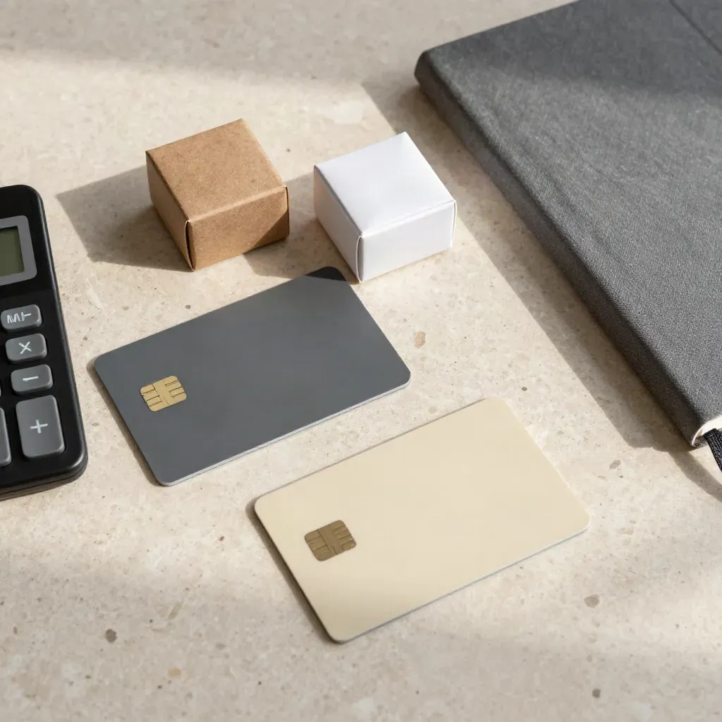 Carte di pagamento, calcolatrice e scatole campione su travertino, con quaderno grigio ardesia.