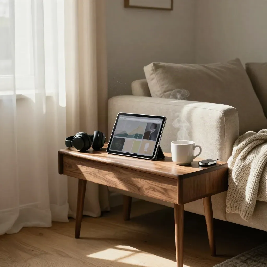 Salotto luminoso con tablet acceso, cuffie e tazza su un divano, luce del mattino