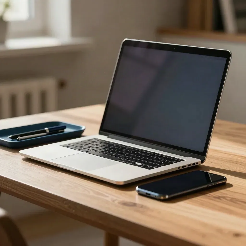 Laptop, smartphone e vassoio blu con cancelleria su tavolo in legno, luce calda.