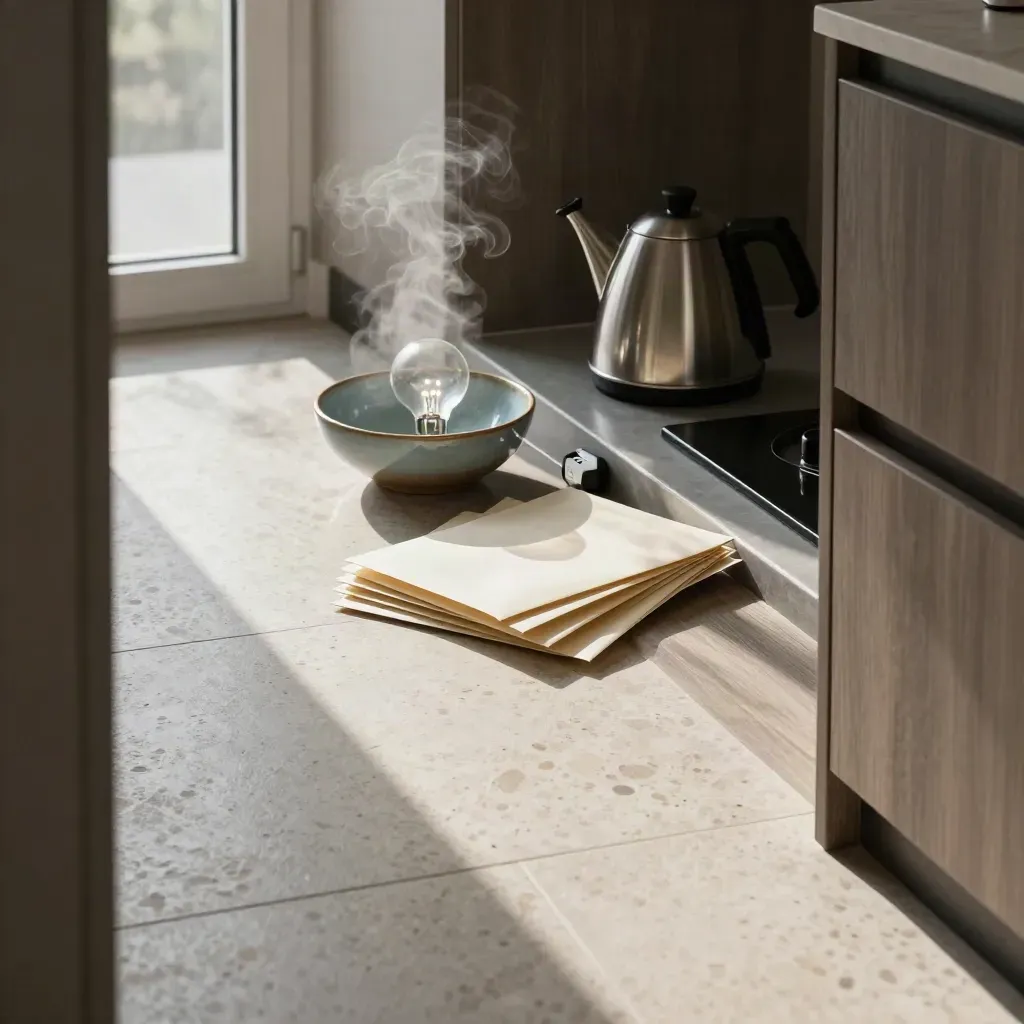 Angolo cucina con bollette, lampadine LED, smart plug e bollitore con vapore nella luce del mattino.