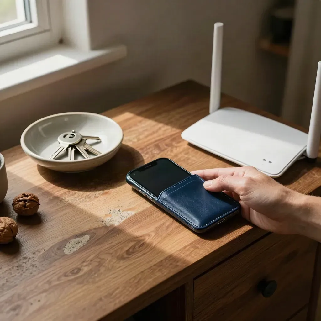Console d’ingresso con telefono acceso, porta-card, ciotola chiavi e router bianco nella luce mattutina