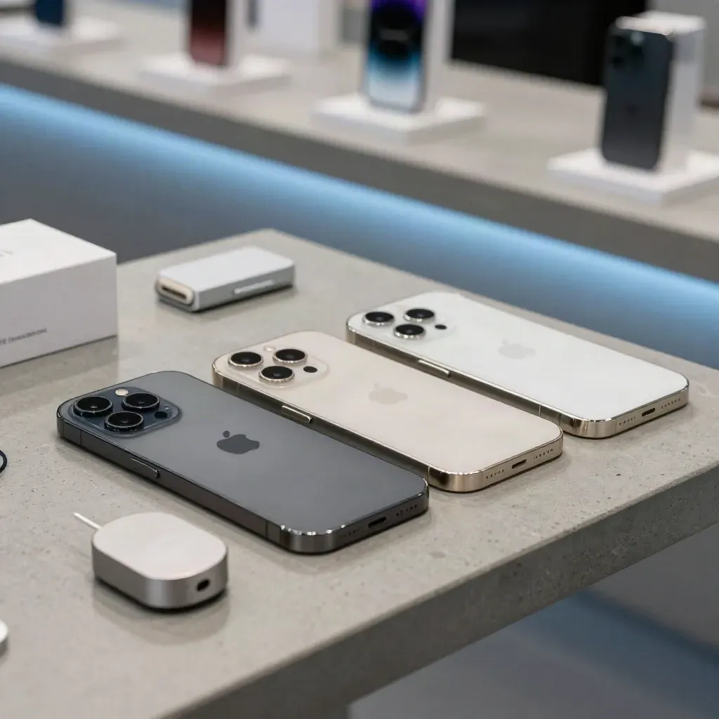 Tre smartphone faccia in giù con scatole retail e base di ricarica su fondo concreto moderno.