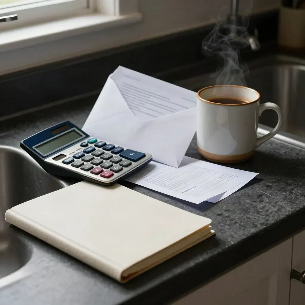 Busta conto, calcolatrice, taccuino chiuso e tazza su un piano cucina scuro.