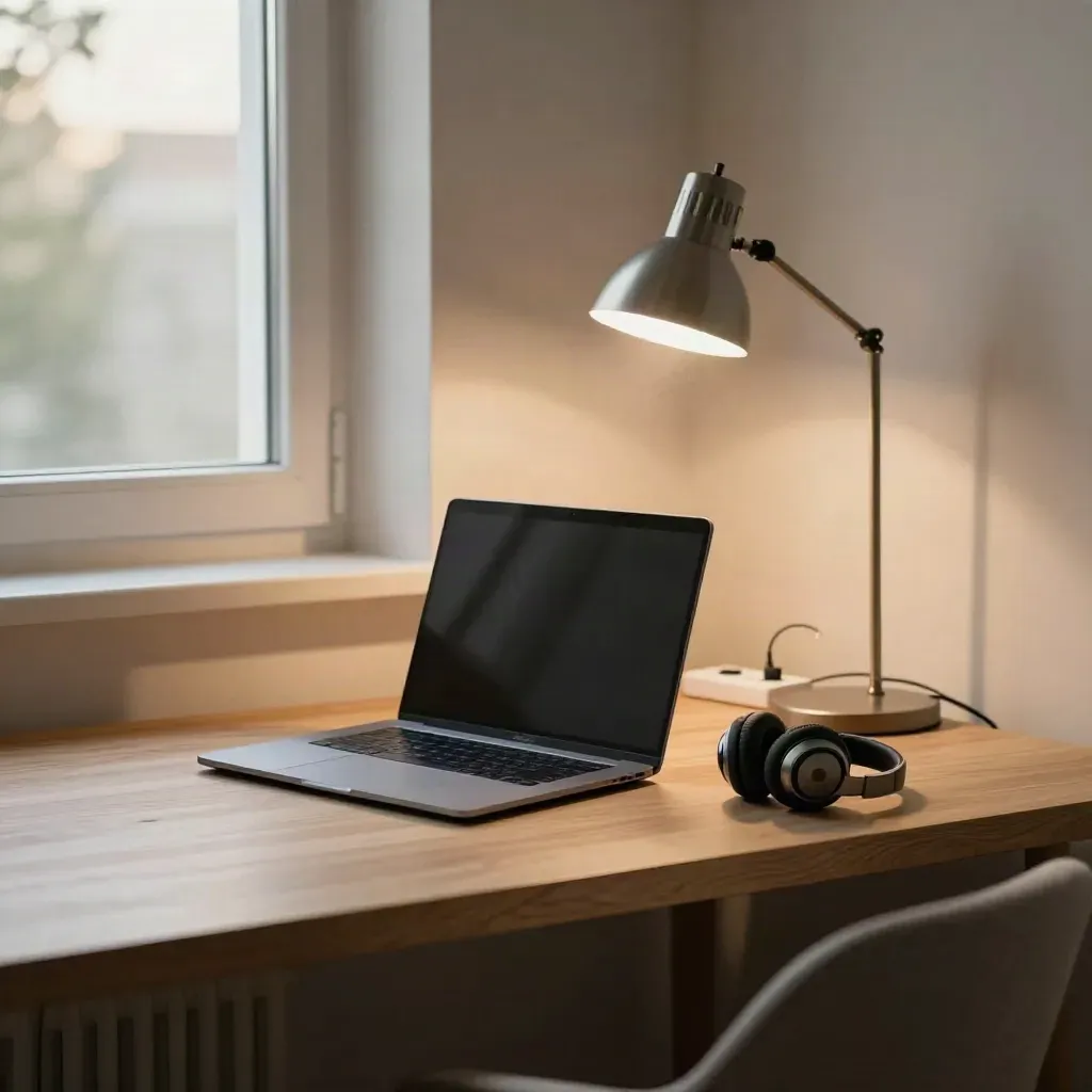 Angolo casa con laptop chiuso, cuffie, lampada e ciabatta su scrivania in legno chiaro.
