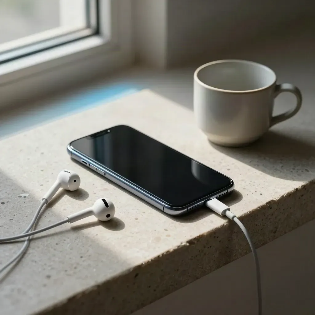 Smartphone scuro, auricolari wireless, cavo di ricarica e tazza in ceramica su mensola di pietra.