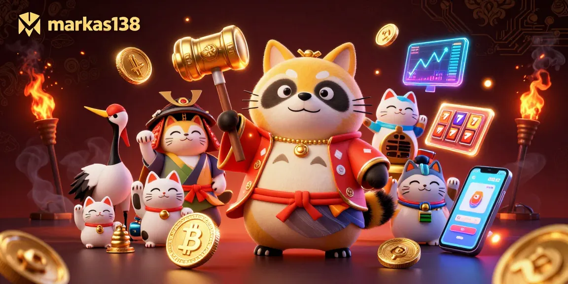 Experience markas138's vibrant casino atmosphere with an energetic tanuki, samurai crane, and lucky cats.