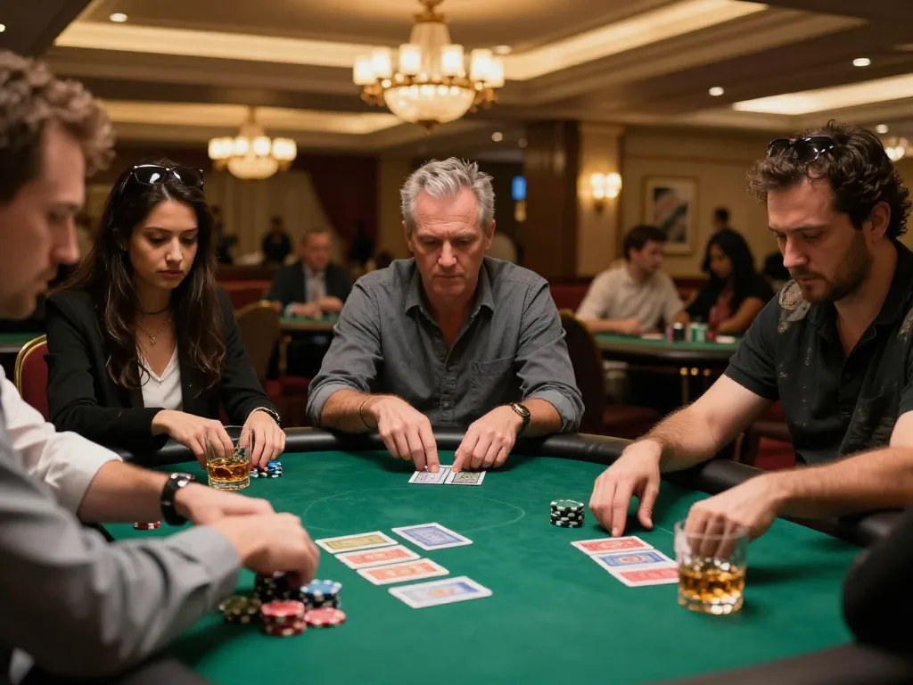 Players strategizing in an intense poker game at https://net88.wtf/ with high-stakes atmosphere, vibrant casino lights
