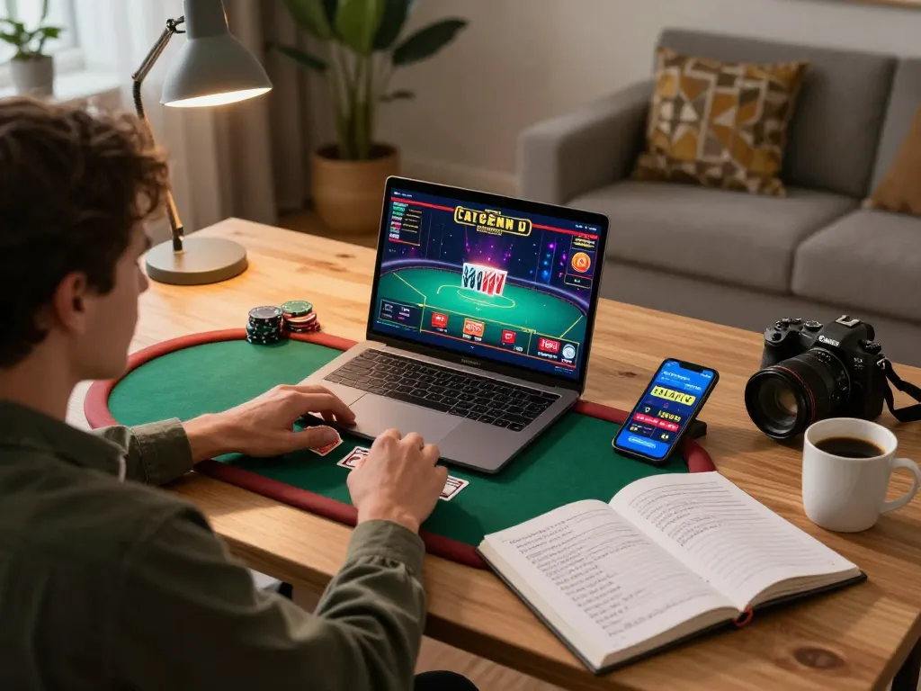 Player engaging in online poker at HELLO88, showcasing strategic approach in a cozy setting.