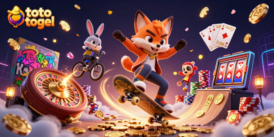 Experience the excitement of toto togel with vibrant 3D illustration of a fox and rabbit amidst casino elements.