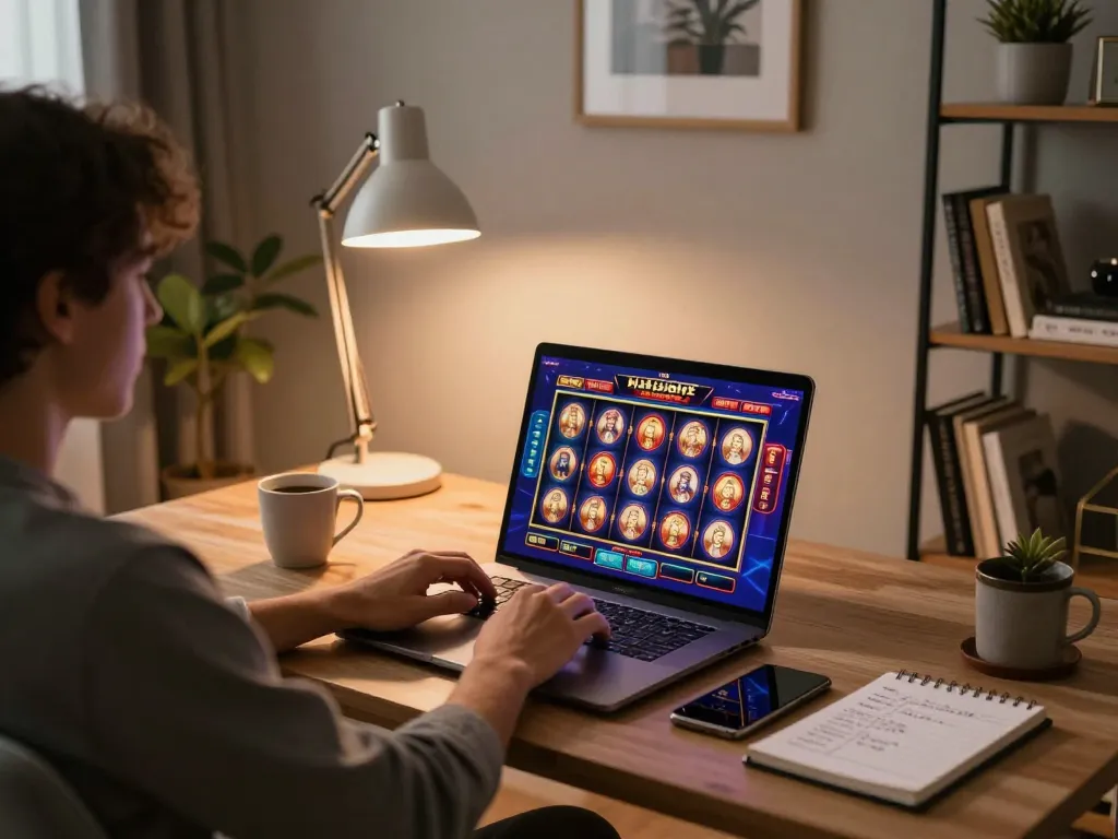 Player engaging with tr88 online slot game on laptop in cozy home office.