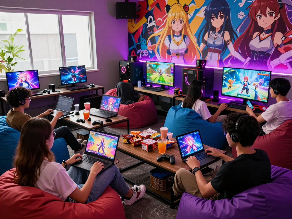 Engaging friends playing hentai games in a vibrant gaming lounge with anime decor and colorful lights.